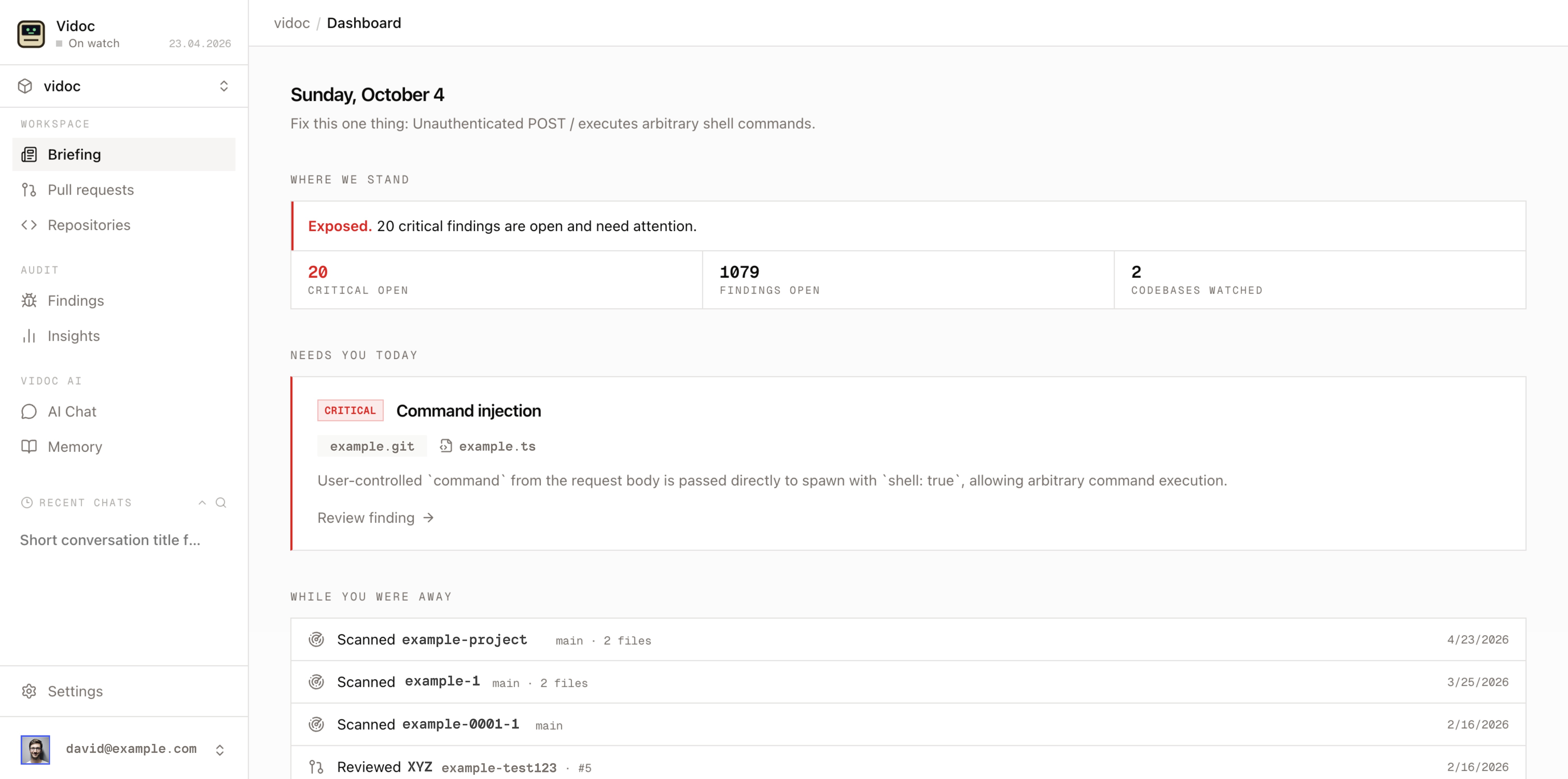 VIDOC platform dashboard showing open findings and the next fix